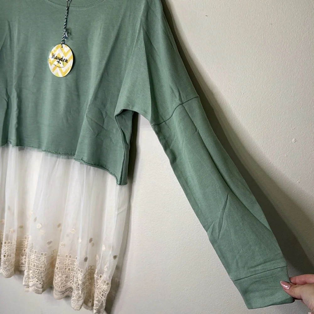 Hayden Los Angeles Mixed Media Cotton/Lace Sage Green Cream Tunic NWT - Picture 5 of 6
